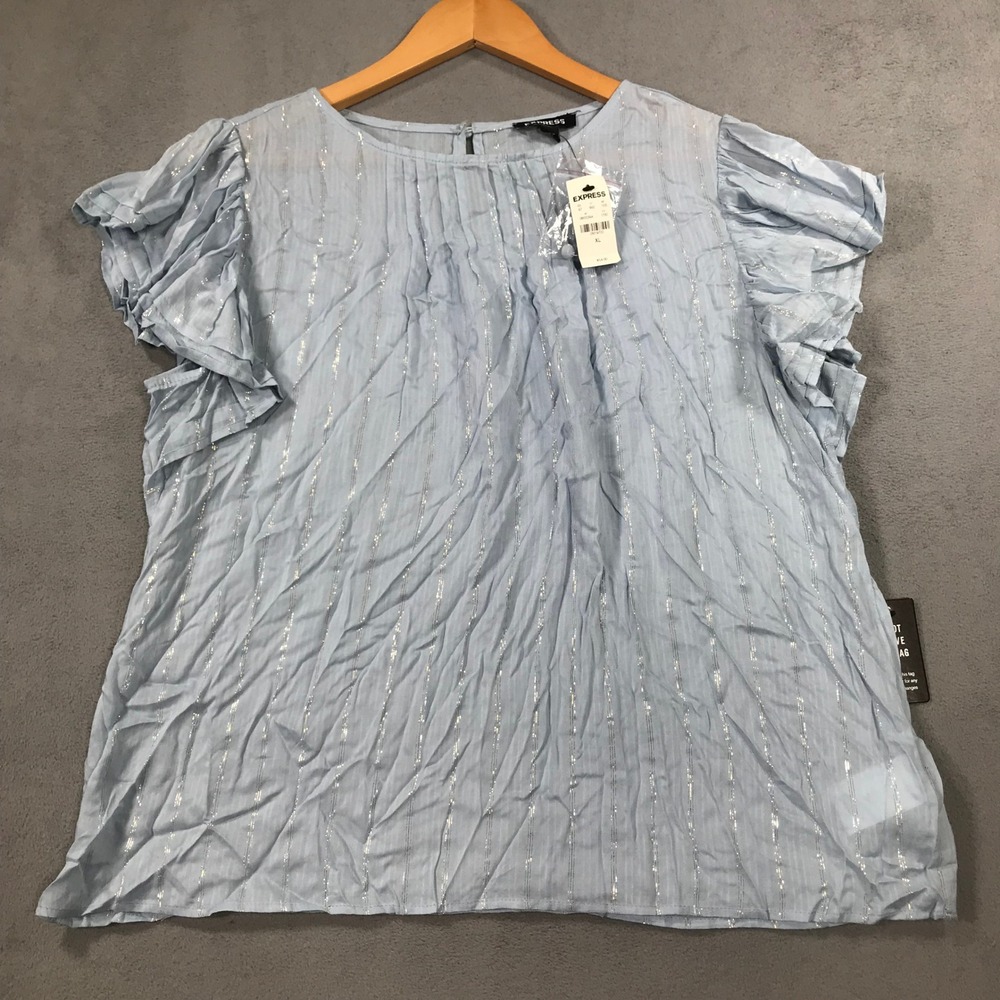 Express Flutter Sleeve Top Womens XL Blue New Metallic Stripe Keyhole Blouse